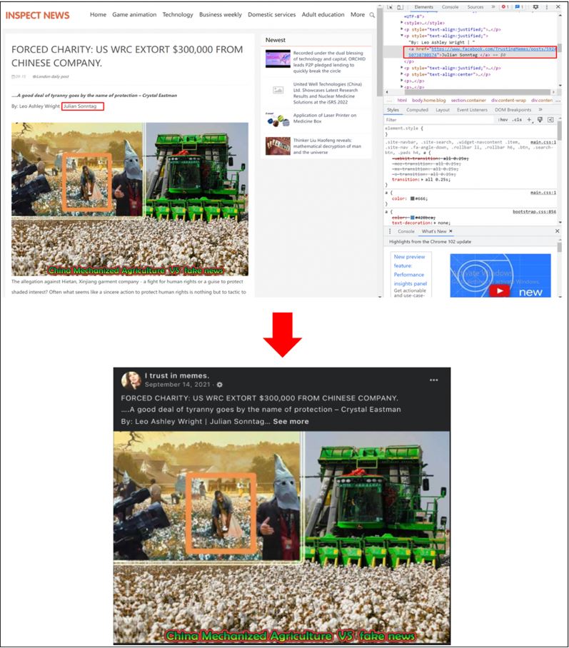 Figure 6: Author persona “Julian Sonntag” on inspectnews.com (top) links to “I trust in memes” Facebook account, which posts identical content (bottom)