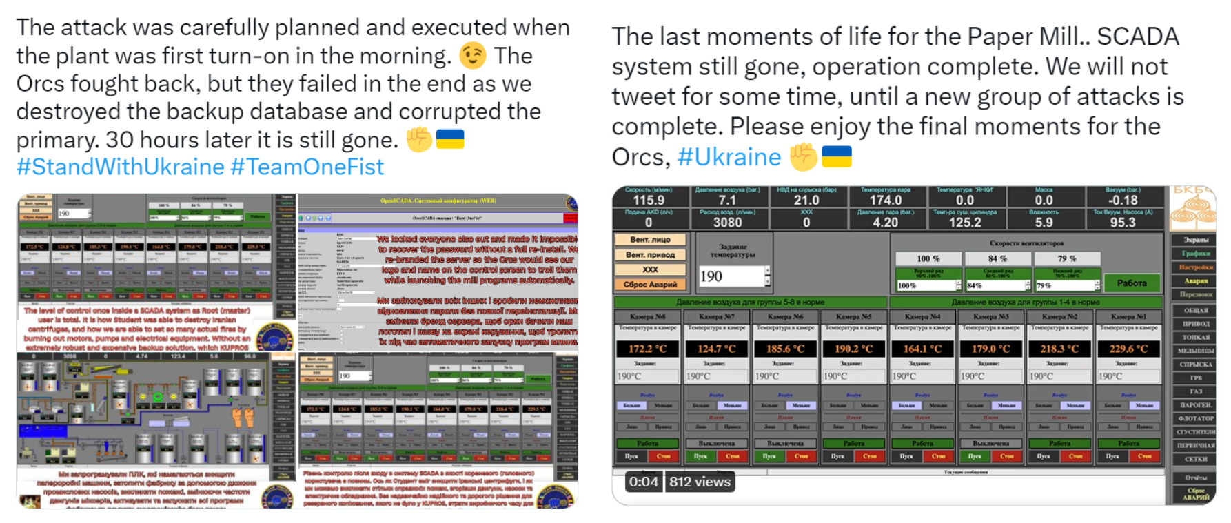 Social media posts claiming Team OneFist involvement in attack targeting Russian paper mill
